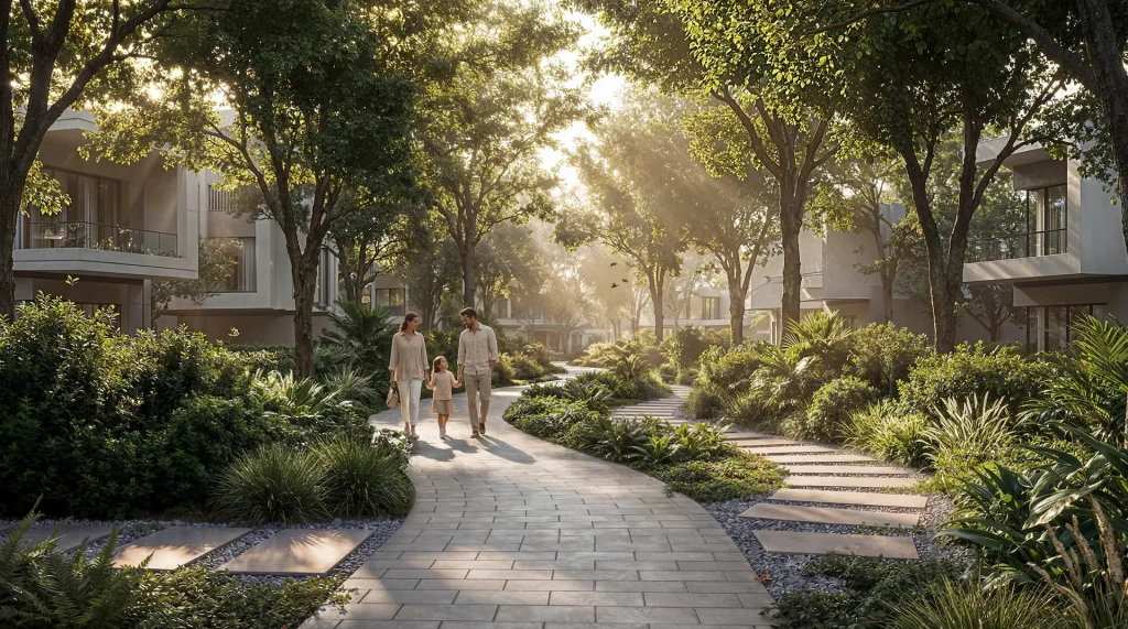 Shaded forest walkway between villas at Sobha Sanctuary